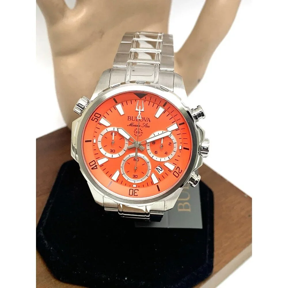Bulova Men's Watch 96B395 Marine Star Orange Dial Chronograph Silver Steel 43mm